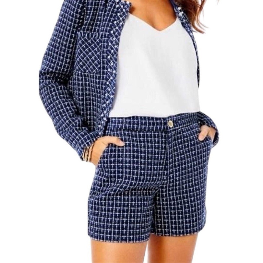 Lilly Pulitzer Gretchen High Rise Shorts Navy Blue White Tweed Checkerboard 4